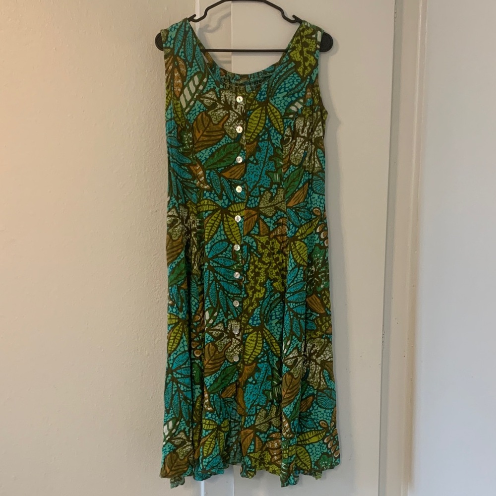 Tropical Leaf Print Sleeveless Summer Dress - Green - Picture 2 of 4